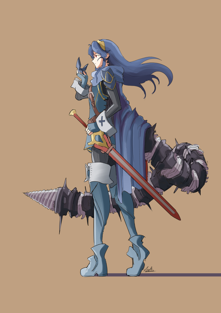 1girl automatic_giraffe blue_gloves blue_hair brown_background drill english_commentary falchion_(fire_emblem) fingerless_gloves fire_emblem fire_emblem_awakening floating_hair from_side gloves gold_hairband holding holding_mask holding_sword holding_weapon long_hair lucina_(fire_emblem) mask mechanical_tail red_eyes sheath sheathed signature solo sword tail walking weapon