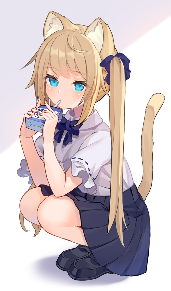 1girl animal_ears black_footwear blonde_hair blue_bow blue_eyes blue_skirt bow bowtie cat_ears cat_girl cat_tail drinking eyebrows_visible_through_hair milk milk_carton original rk_(rktorinegi) shirt shirt_tucked_in shoes short_sleeves simple_background sitting skirt solo tail twintails white_shirt