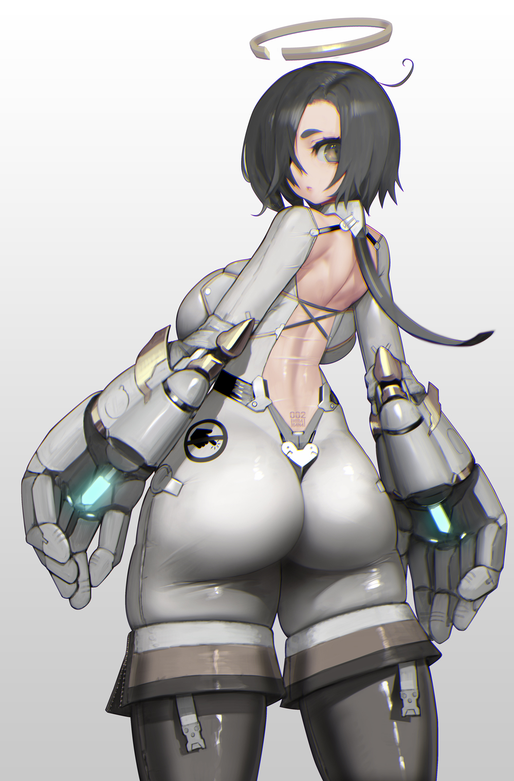 1girl ass back_cutout back_tattoo backboob bangs black_hair bodysuit boots breasts clothing_cutout from_behind grey_eyes grey_footwear hair_over_one_eye halo highres hiragana_oufu large_breasts lips looking_at_viewer mecha_musume original power_gloves short_hair skindentation swept_bangs tattoo thigh-highs thigh_boots tramp_stamp white_bodysuit