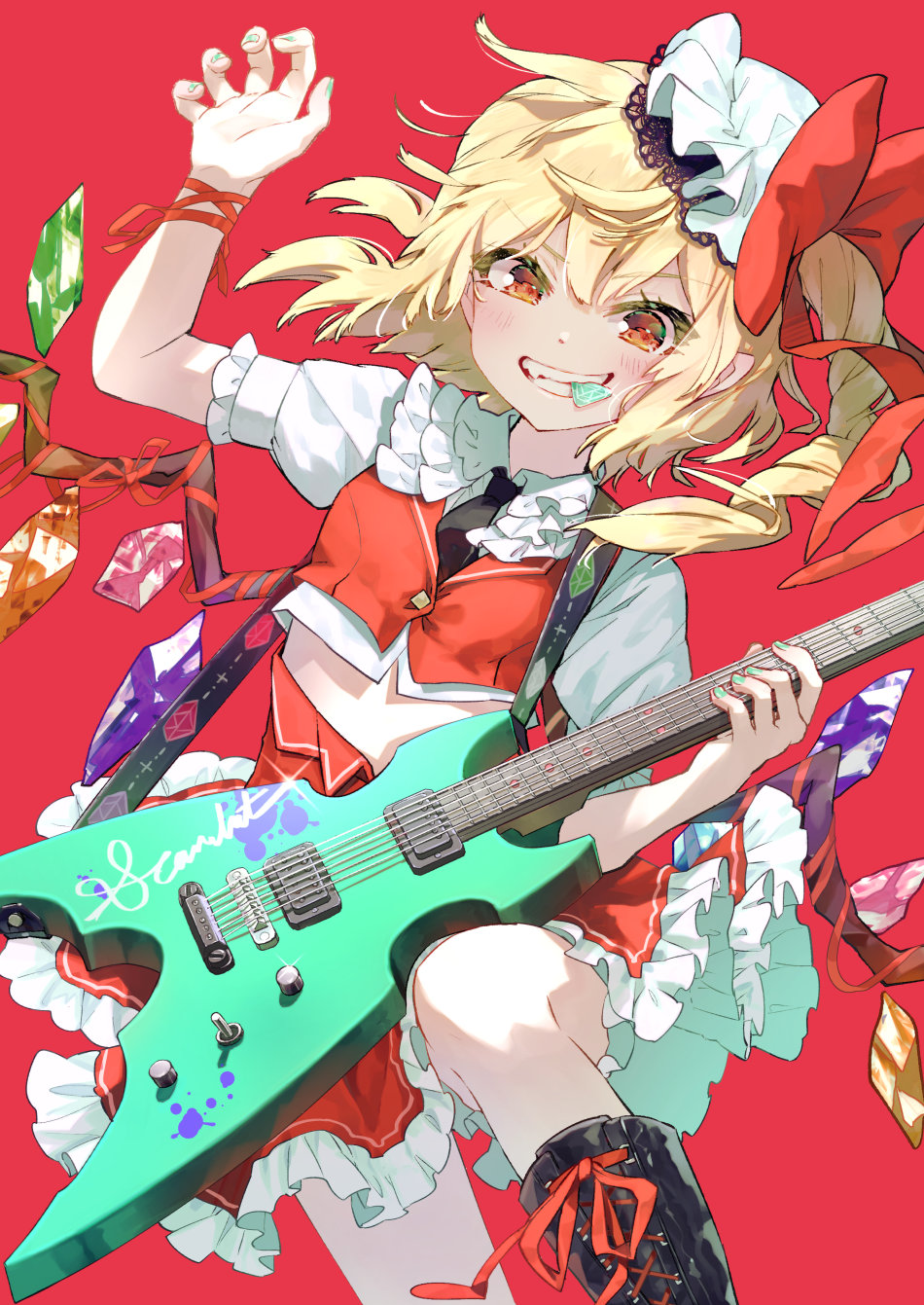 bangs black_footwear black_neckwear blonde_hair blush boots bow collar cropped_shirt cropped_vest crystal electric_guitar eyebrows_visible_through_hair feet_out_of_frame flandre_scarlet frilled_collar frilled_skirt frills gem guitar hair_bow hat highres holding holding_instrument instrument knee_boots looking_at_viewer mini_hat music necktie playing_instrument plectrum plectrum_in_mouth pointy_ears red_background red_bow red_eyes red_ribbon red_skirt red_vest ribbon shirt short_hair short_sleeves side_ponytail simple_background skirt symbol_commentary syuri22 teeth touhou vest white_shirt wings wrist_ribbon