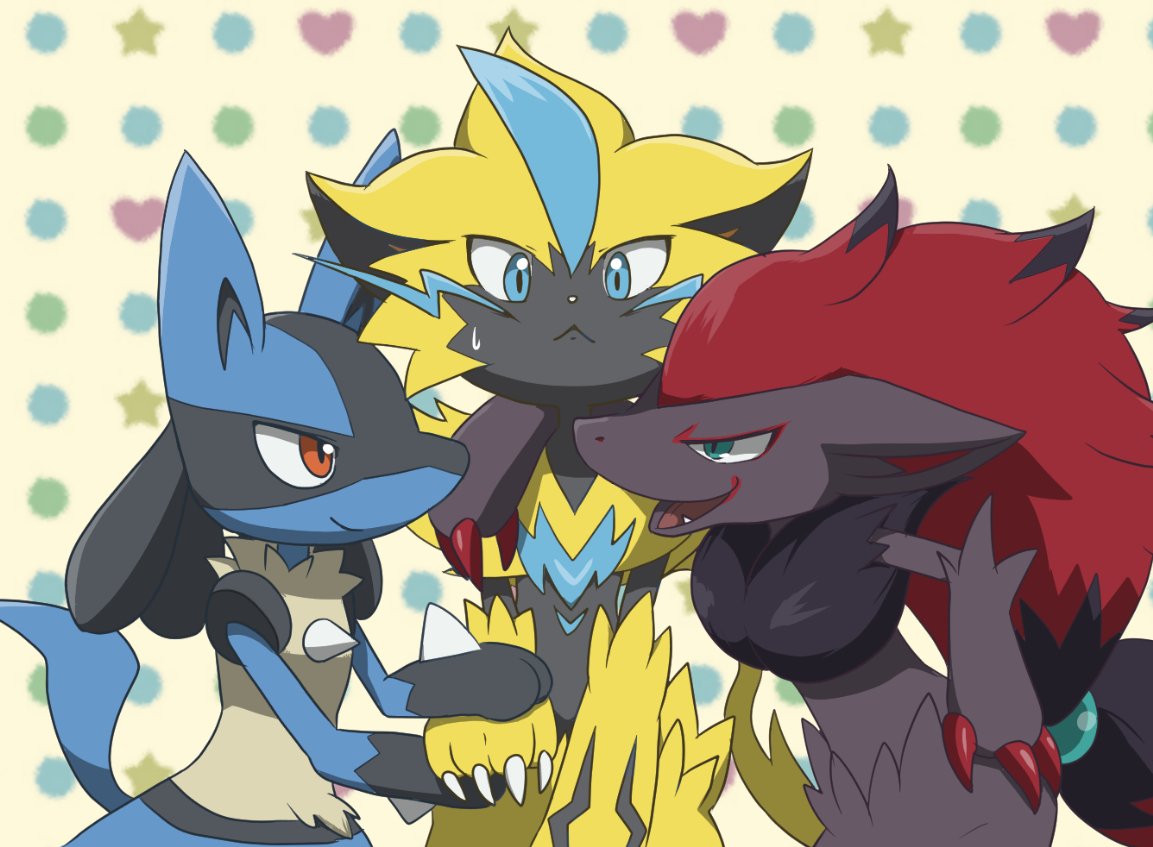 :&lt; arm_around_neck blue_eyes claws e_no_n_old fang gen_4_pokemon gen_5_pokemon gen_7_pokemon green_eyes holding_hand leaning_on_person lucario mythical_pokemon open_mouth pokemon red_eyes redhead sandwiched smile sweatdrop yellow_fur zeraora zoroark