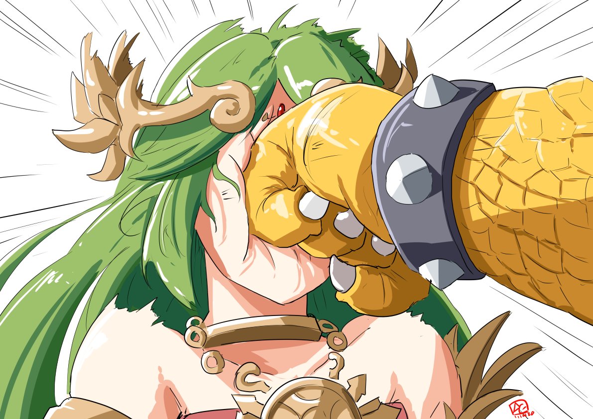 1boy 1girl automatic_giraffe bare_shoulders bowser bracelet claws clenched_hand close-up comedy commission dated dress emphasis_lines english_commentary face_punch green_hair in_the_face jewelry kid_icarus kid_icarus_uprising necklace palutena punching scales spiked_bracelet spikes super_mario_bros. super_smash_bros. white_background white_dress