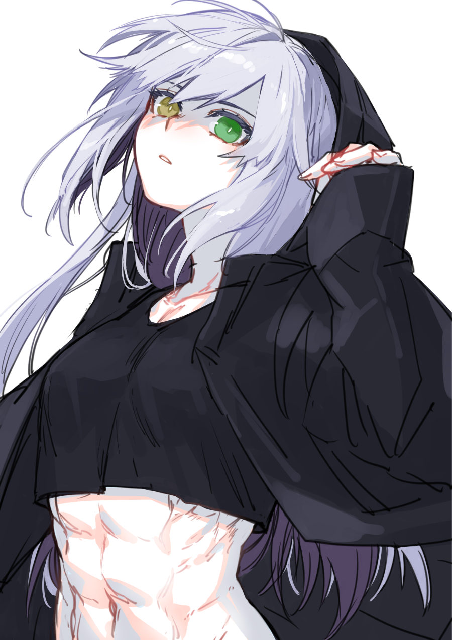 1girl abs black_clothes breasts commentary_request crop_top dodome_ichika green_eyes hair_between_eyes hand_up heterochromia highres hood long_sleeves looking_at_viewer messy_hair midriff muscle muscular_female navel open_mouth original ribs sidelocks silver_hair simple_background small_breasts solo upper_body waka_(shark_waka) white_background yellow_eyes