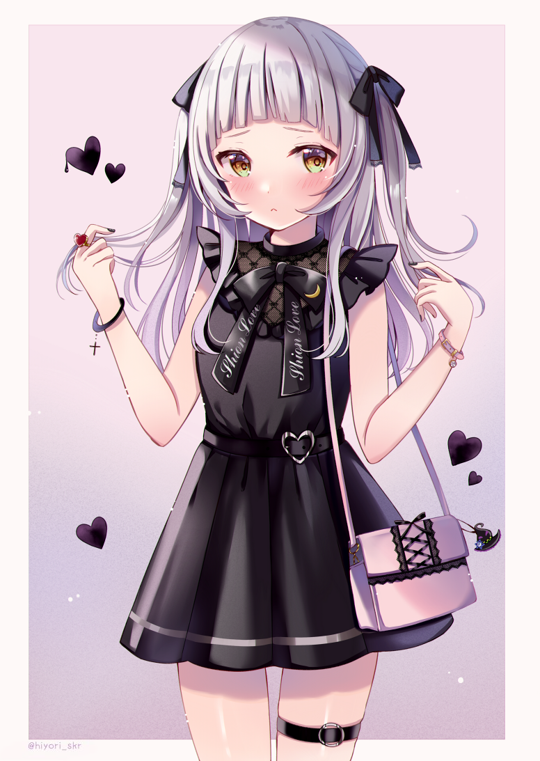 1girl :&lt; alternate_costume bag bangs black_bow black_dress black_nails blush bow brown_eyes closed_mouth commentary_request dress grey_background hair_bow hands_up heart hololive jewelry long_hair looking_at_viewer murasaki_shion nail_polish pink_background pleated_dress ring sakura_hiyori shoulder_bag silver_hair sleeveless sleeveless_dress solo standing thigh_strap two-tone_background two_side_up virtual_youtuber