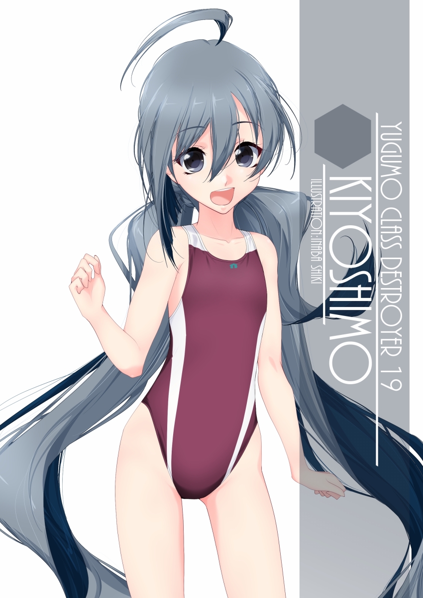 1girl ahoge artist_name character_name competition_swimsuit cowboy_shot flat_chest grey_eyes grey_hair hair_between_eyes hair_bun highres inaba_shiki kantai_collection kiyoshimo_(kantai_collection) long_hair looking_at_viewer low_twintails one-piece_swimsuit open_mouth purple_swimsuit simple_background solo standing swimsuit twintails white_background