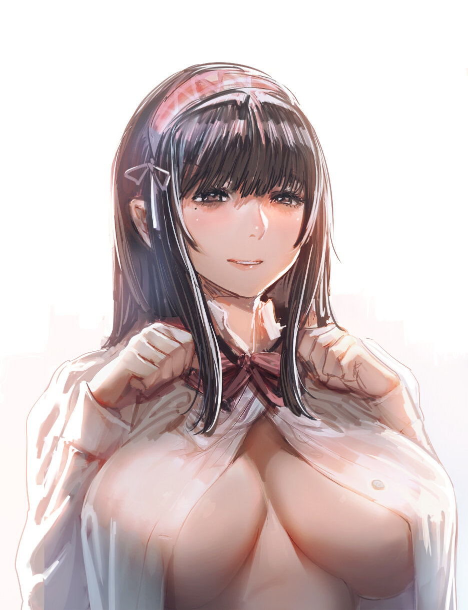 1girl black_eyes black_hair bow_(bhp) breasts breasts_apart clenched_hands fate/grand_order fate_(series) grin highres large_breasts long_hair mole mole_under_eye no_bra open_clothes open_shirt osakabe-hime_(fate/grand_order) parted_lips revision shirt sketch smile solo under_boob