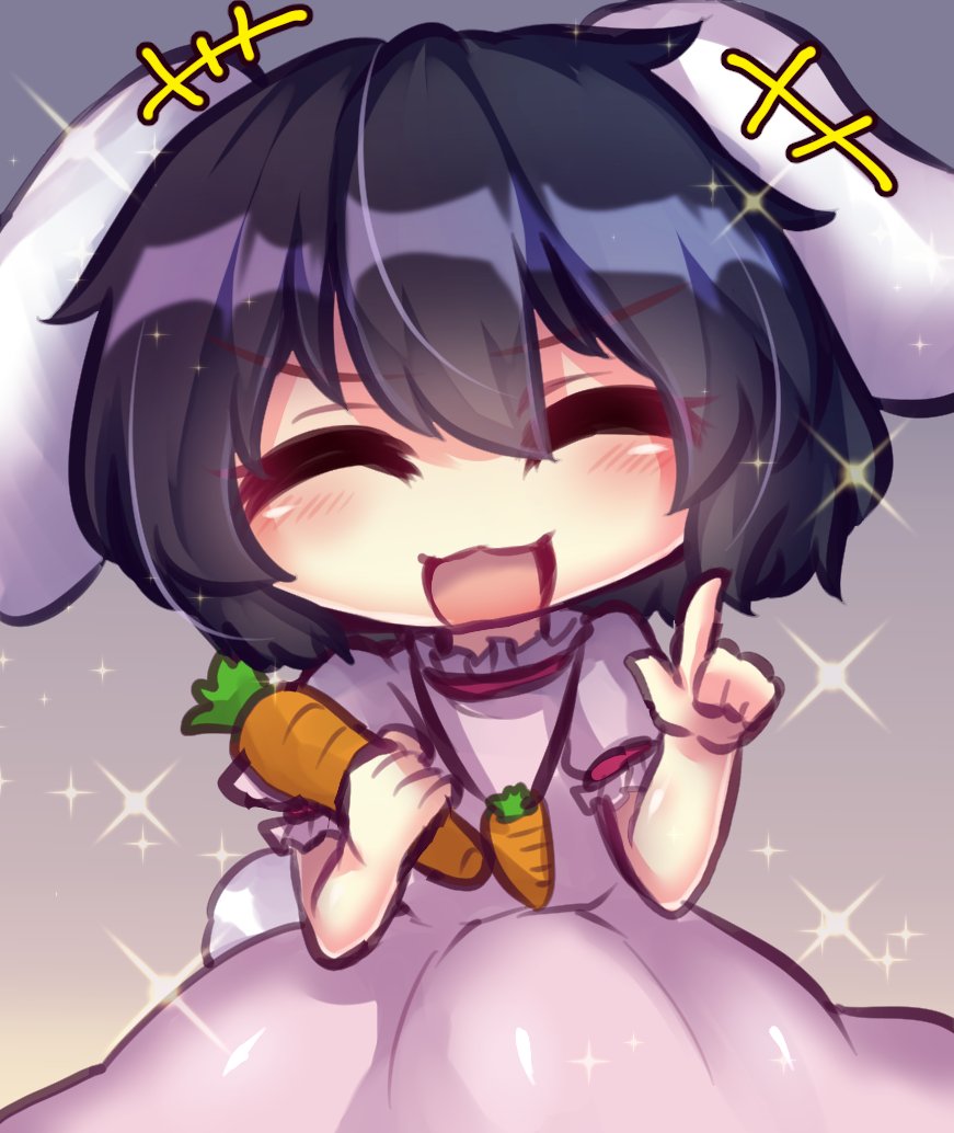 1girl animal_ears bangs black_hair bunny_tail carrot carrot_necklace closed_eyes dress eyebrows_visible_through_hair floppy_ears food gradient gradient_background inaba_tewi index_finger_raised open_mouth pink_dress rabbit_ears short_hair solo star_(symbol) tail touhou unime_seaflower vegetable white_tail