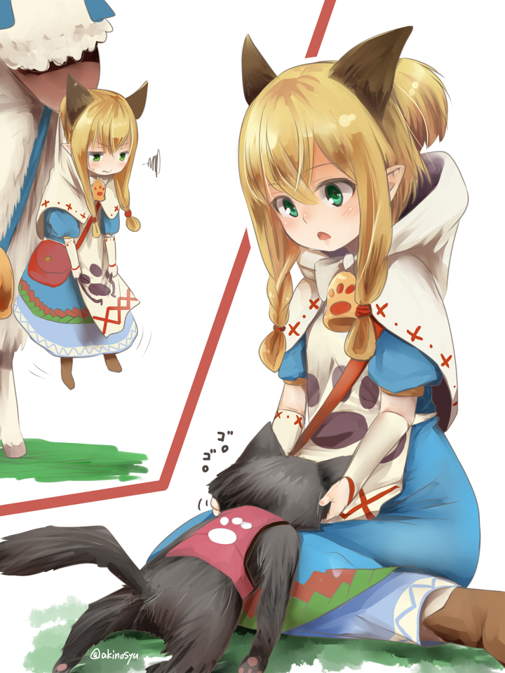 1girl akino_shuu alpaca animal animal_ears bangs bell black_cat blonde_hair blue_dress blush boots braid brown_footwear capelet cat cat_ears closed_mouth clothed_animal commentary_request cow_bell dress elbow_gloves extra_ears eyebrows_visible_through_hair gloves green_eyes hair_between_eyes hood hood_down hooded_capelet long_hair meowstress monster_hunter monster_hunter_x open_mouth pointy_ears ponytail puffy_short_sleeves puffy_sleeves short_sleeves side_braid sidelocks single_braid squiggle white_capelet white_gloves