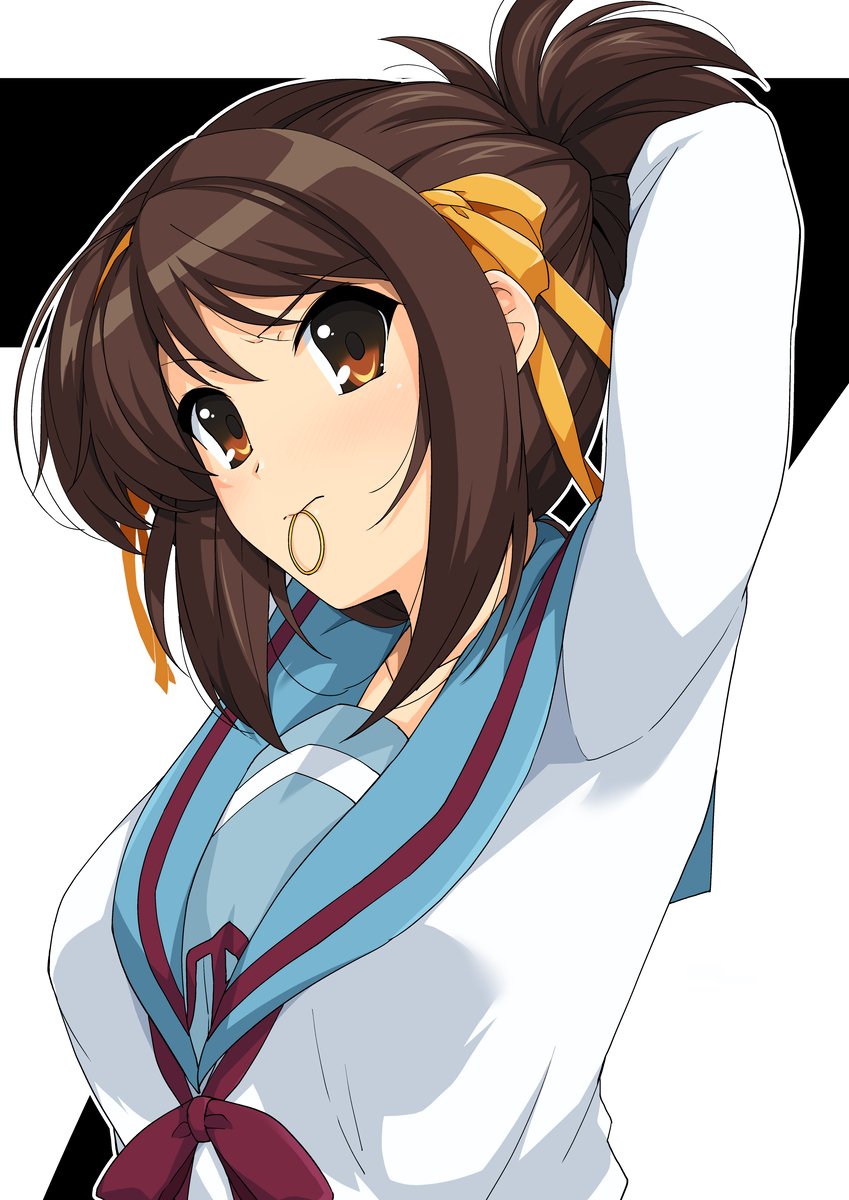 1girl arms_up breasts brown_eyes brown_hair commentary_request countdown hairband haruhisky highres kita_high_school_uniform long_sleeves medium_breasts mouth_hold number portrait ribbon school_uniform shirt short_hair short_ponytail solo suzumiya_haruhi suzumiya_haruhi_no_yuuutsu white_shirt yellow_hairband yellow_ribbon