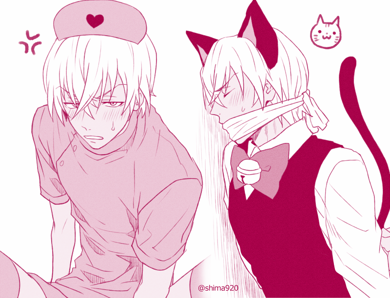 1boy amuro_tooru anger_vein animal_ears bangs bell blush bow cat_ears cat_tail closed_eyes collared_shirt commentary_request crossdressinging embarrassed fake_animal_ears fake_tail gag gagged hair_between_eyes hat heart jingle_bell long_sleeves looking_at_viewer male_focus mashima_shima meitantei_conan monochrome multiple_views nurse nurse_cap parted_lips shirt short_hair short_sleeves sweatdrop tail twitter_username upper_body vest white_background