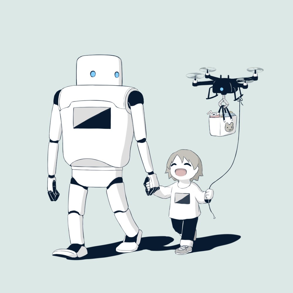 1boy 1other :d avogado6 bag black_pants brown_hair drone grey_background holding holding_hands leash long_sleeves open_mouth original pants robot shirt shoes simple_background smile walking white_shirt