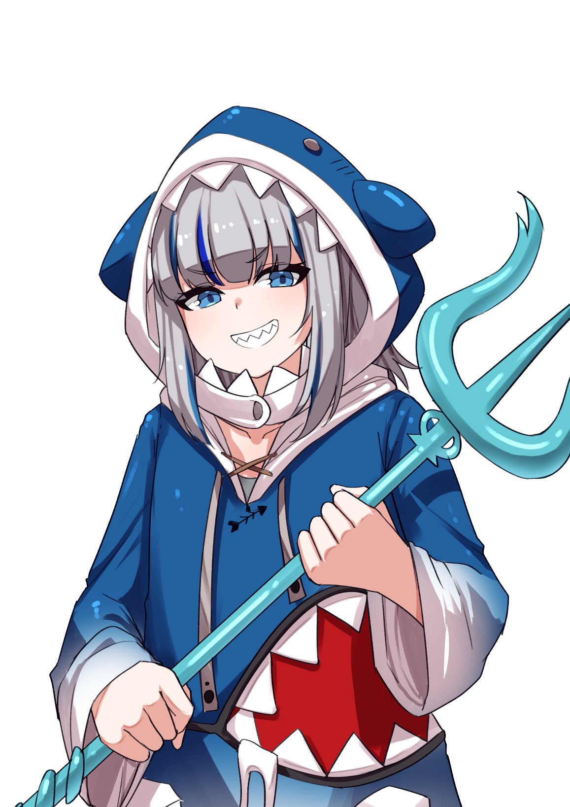 1girl animal_hood bangs blue_hair blunt_bangs clenched_hands english_commentary eyebrows_visible_through_hair flat_chest gawr_gura highres holding holding_weapon hololive hololive_english hood hood_up looking_to_the_side multicolored_hair polearm shark_hood sharp_teeth silver_hair smile smug solo streaked_hair teeth trident v-shaped_eyebrows valefal_coneri virtual_youtuber weapon white_background