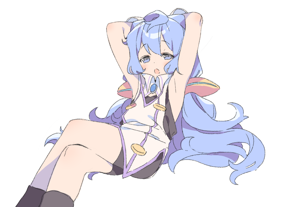 1boy ahoge armpits arms_behind_head bike_shorts blue_eyes blue_hair crossed_legs hacka_doll hacka_doll_3 invisible_chair long_hair looking_at_viewer open_mouth otoko_no_ko sanze_(gokiburi_kirai) sitting sleeveless solo twintails white_background