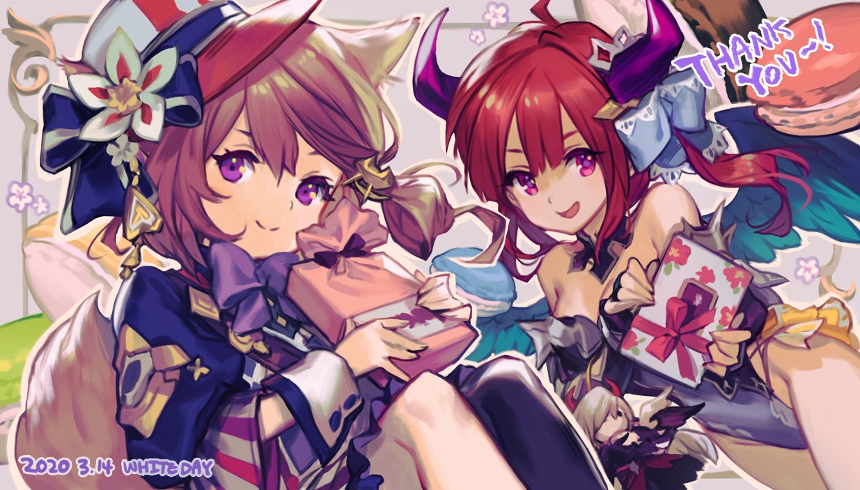2girls animal_ears bow box brown_hair cat_ears cat_girl cat_tail character_request copyright_request dated demon_girl flower gift gift_box hair_bow hat hat_bow hat_flower horns lee_hyeseung multiple_girls open_mouth purple_bow redhead short_hair smile tagme tail violet_eyes wings wrist_cuffs