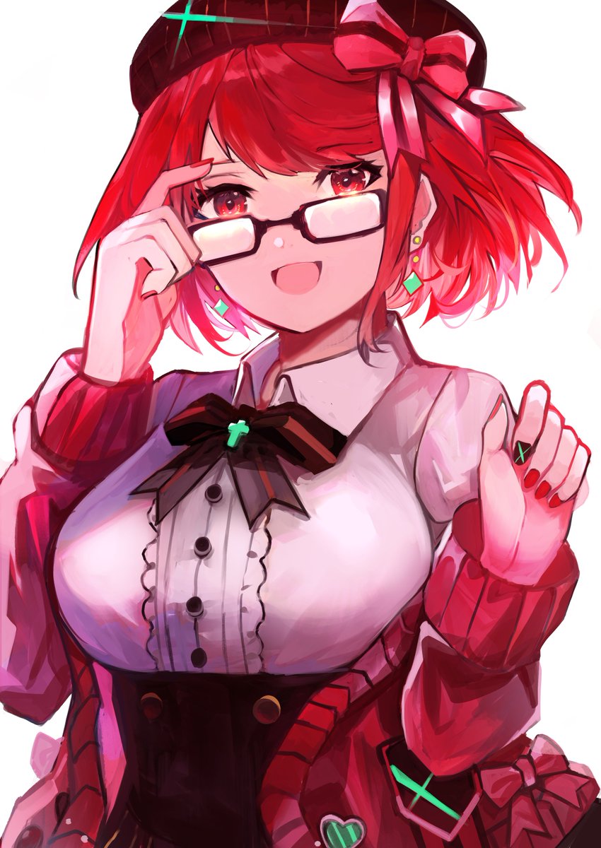 1girl alternate_costume breasts glasses highres large_breasts nail_polish pyra_(xenoblade) red_eyes redhead ribbon solo sweater tarbo_(exxxpiation) white_background xenoblade_chronicles_(series) xenoblade_chronicles_2