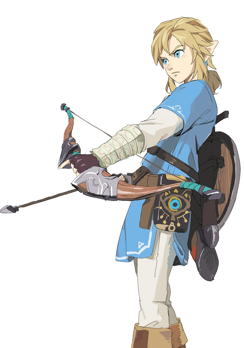 1boy arrow_(projectile) bangs black_gloves blonde_hair blue_eyes bow_(weapon) closed_mouth earrings fingerless_gloves gloves hibiglasses highres holding holding_bow_(weapon) holding_weapon jewelry link male_focus pants pointy_ears ponytail quiver sheath sheikah_slate shield simple_background solo sword the_legend_of_zelda the_legend_of_zelda:_breath_of_the_wild tunic weapon white_background