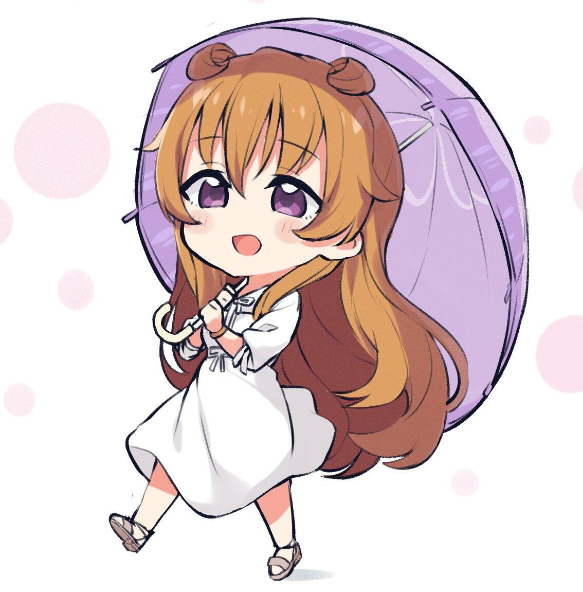 brown_hair butterfly_(love_live!) chibi dress konoe_kanata love_live! love_live!_nijigasaki_high_school_idol_club love_live!_school_idol_project md5_mismatch orange_hair simple_background totoki86 umbrella violet_eyes wavy_hair white_dress