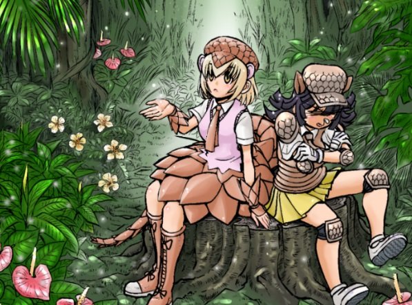 2girls animal_ears armadillo_ears armor armored_skirt black_hair blonde_hair boots bracer closed_eyes collared_shirt commentary_request crossed_arms day elbow_pads extra_ears flower full_body giant_armadillo_(kemono_friends) giant_pangolin_(kemono_friends) hand_up hat kemono_friends knee_up kneepits long_hair looking_up medium_hair medium_skirt miniskirt multiple_girls necktie open_mouth outdoors ozora_tetsu pangolin_ears pangolin_tail plant pleated_skirt shirt shoes short_sleeves shoulder_armor sidelocks sitting skirt sneezing snot sweater_vest tail tree_stump water_drop wing_collar