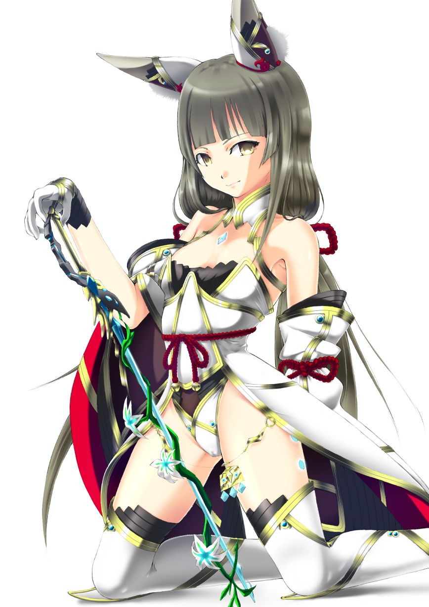 1girl animal_ears bangs blunt_bangs breasts catalyst_scimitar chest_jewel detached_sleeves feet_out_of_frame gloves highleg highleg_leotard highres leotard long_hair looking_at_viewer low_twintails magicalbroom nia_(blade)_(xenoblade) nia_(xenoblade) silver_hair simple_background small_breasts solo sword thigh-highs twintails very_long_hair weapon white_background white_gloves xenoblade_chronicles_(series) xenoblade_chronicles_2 yellow_eyes