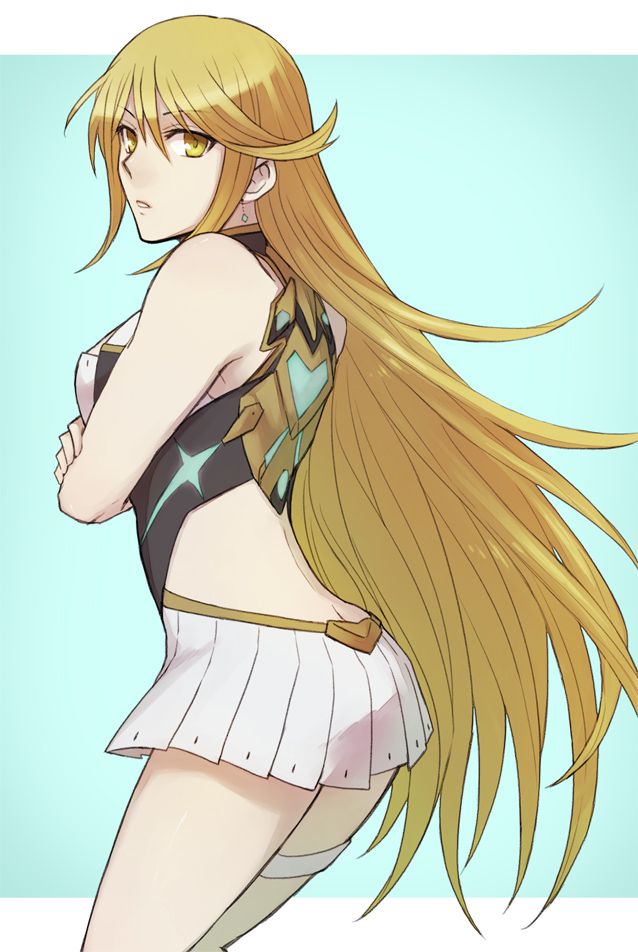 1girl bangs blonde_hair cowboy_shot crossed_arms dress earrings jewelry long_hair mythra_(xenoblade) short_dress solo swept_bangs thigh_strap very_long_hair xenoblade_chronicles_(series) xenoblade_chronicles_2 yellow_eyes zbag296_re