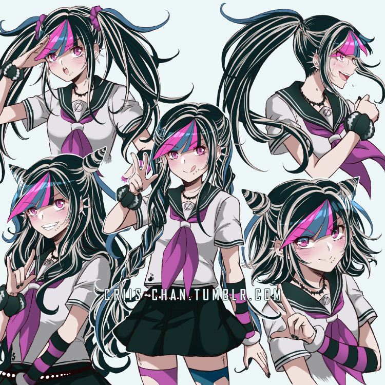 1girl :o \m/ bangs black_hair black_nails black_scrunchie black_skirt blue_hair blush breasts collarbone criis-chan dangan_ronpa ear_piercing eyebrows_visible_through_hair grin jewelry lip_piercing long_hair looking_at_viewer mioda_ibuki mismatched_legwear multicolored_hair nail_polish neckerchief necklace open_mouth piercing pink_eyes pink_hair pleated_skirt ponytail sailor_collar school_uniform scrunchie serafuku shirt short_sleeves simple_background skirt small_breasts smile super_dangan_ronpa_2 symbol_commentary thigh-highs tongue tongue_out torn_clothes twintails upper_teeth w white_hair white_shirt wrist_scrunchie