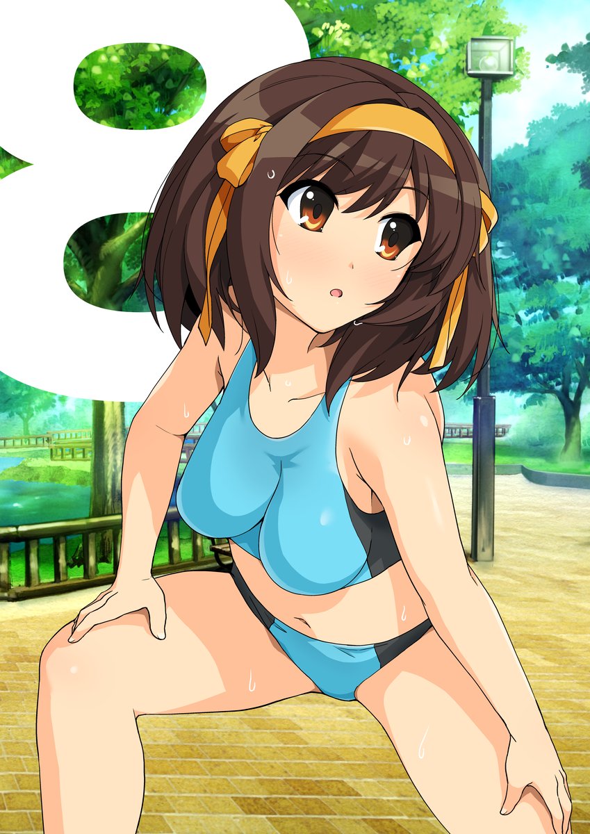 1girl bare_arms bare_shoulders breasts brown_eyes brown_hair countdown crop_top hairband haruhisky highres medium_breasts midriff navel number open_mouth ribbon short_hair solo stomach stretch suzumiya_haruhi suzumiya_haruhi_no_yuuutsu sweat yellow_hairband yellow_ribbon