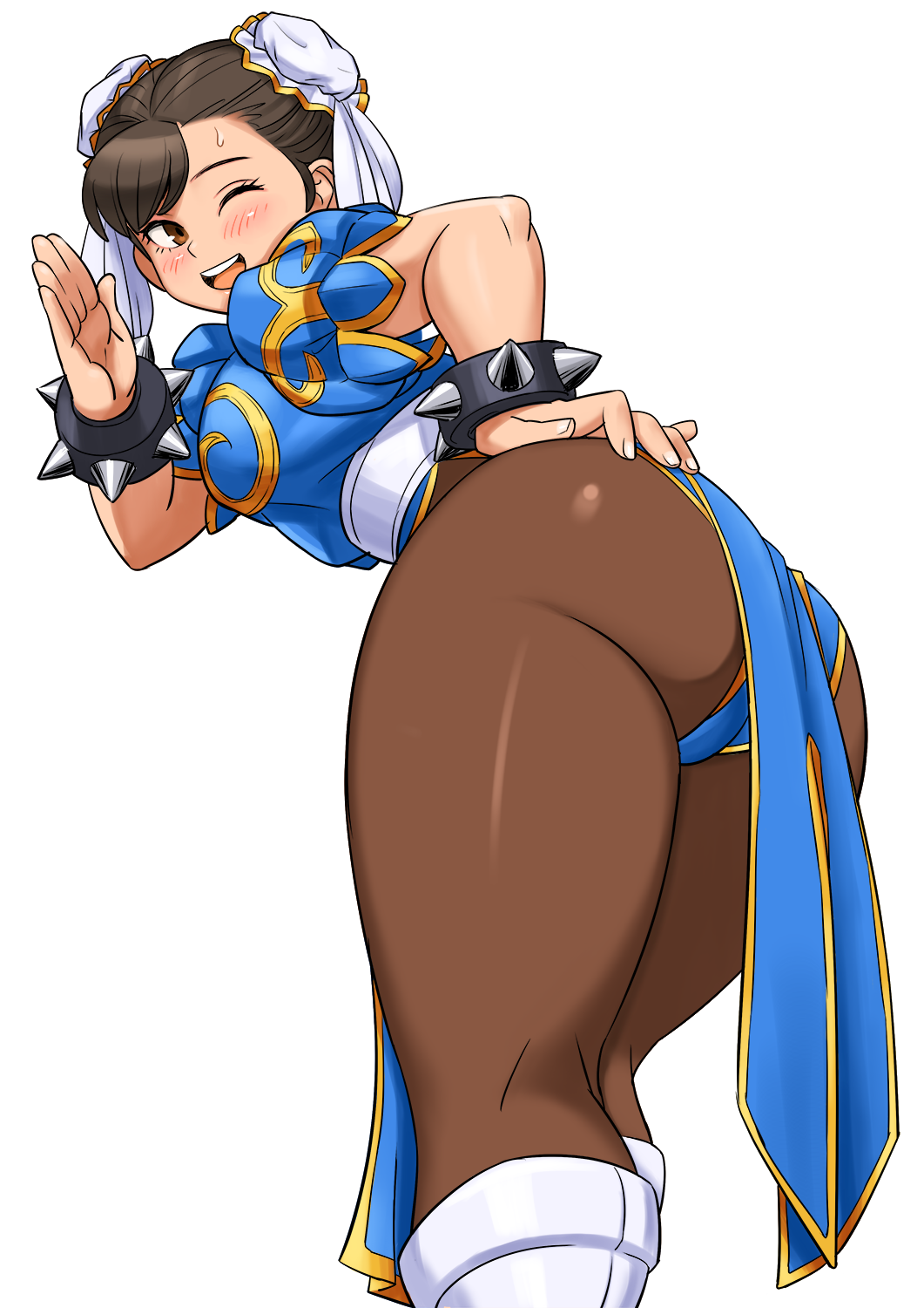 1girl ass bangs blush boots bracelet breasts brown_eyes brown_hair china_dress chinese_clothes chun-li commentary_request double_bun dress fingernails hair_ornament highres jewelry knee_boots looking_back medium_breasts one_eye_closed open_mouth puffy_short_sleeves puffy_sleeves shigenobu shiny shiny_clothes shiny_skin short_sleeves simple_background smile solo spiked_bracelet spikes street_fighter street_fighter_ii_(series) sweat sweatdrop thighs tied_hair underwear white_background white_footwear