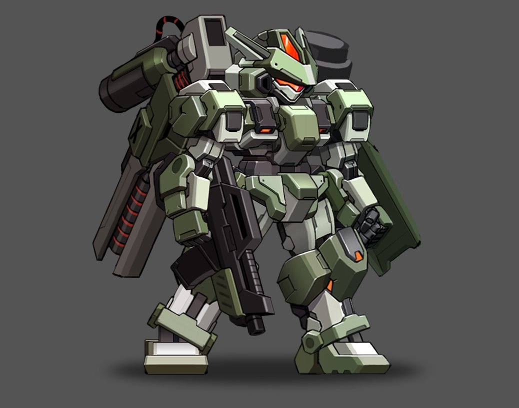 chibi clenched_hand grey_background gun holding holding_gun holding_weapon horns korean_commentary mecha no_humans original science_fiction shield standing superphotrone thrusters visor weapon