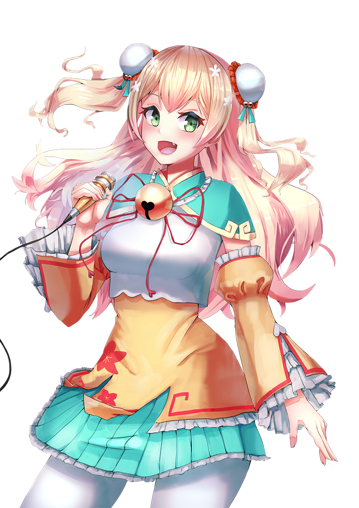 1girl bell blonde_hair breasts detached_sleeves double_bun dreamkite fang gradient_hair green_eyes green_skirt holding holding_microphone hololive long_hair looking_to_the_side medium_breasts microphone momosuzu_nene multicolored_hair open_hand open_mouth pink_hair skirt solo two_side_up virtual_youtuber white_legwear