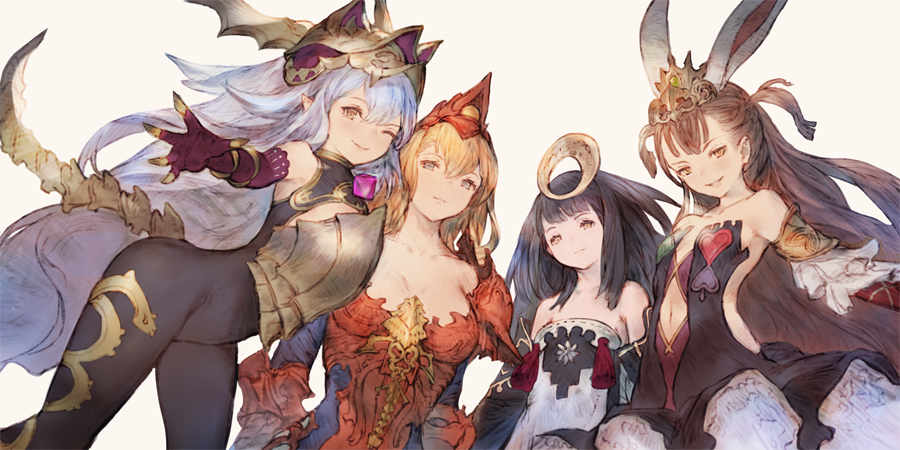 4girls animal_ears blonde_hair blue_hair brown_hair character_request clothing_cutout copyright_request dress grey_eyes long_hair looking_at_viewer multiple_girls n.a. navel navel_cutout pointy_ears rabbit_ears red_dress simple_background smile tagme white_background yellow_eyes