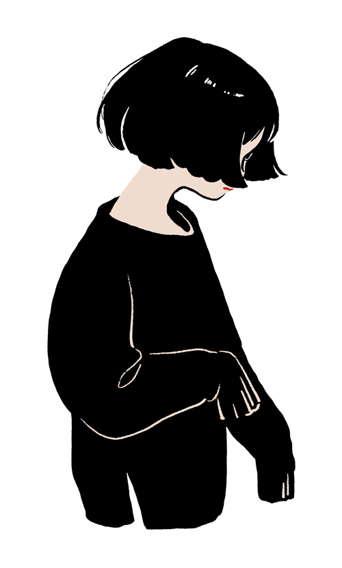 1girl arm_at_side black_hair black_sweater blending blunt_ends bob_cut closed_mouth cropped_torso from_side hand_up hirasawa_minami long_sleeves original short_hair simple_background sleeves_past_wrists solo sweater upper_body white_background
