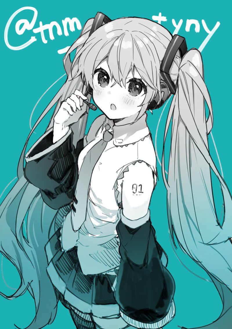 1girl aqua_theme blue_theme blush collared_shirt commentary cowboy_shot detached_sleeves hand_up hatsune_miku headphones headphones_around_neck ikeuchi_tanuma long_hair long_sleeves looking_at_viewer microphone miniskirt necktie open_mouth pleated_skirt shirt shoulder_tattoo skirt sleeveless sleeveless_shirt solo tattoo thigh-highs twintails vocaloid wide_sleeves wing_collar