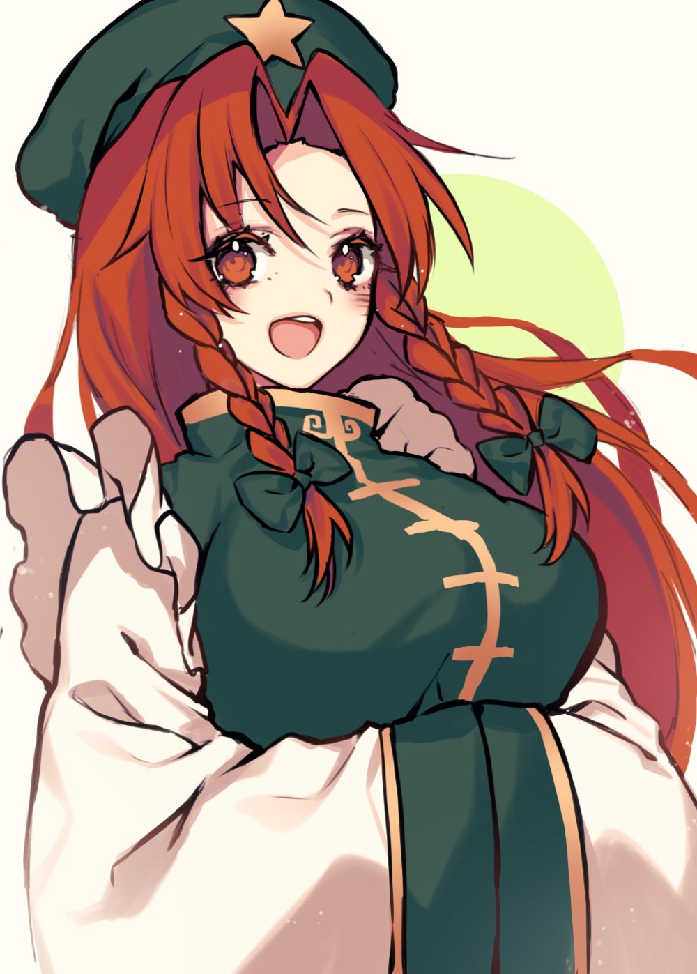 1girl adapted_costume bangs beret blush bow braid breasts chinese_clothes circle commentary dress eyebrows_visible_through_hair frilled_dress frills green_bow green_dress hair_between_eyes hair_bow hands_in_opposite_sleeves hat highres hong_meiling kyouda_suzuka large_breasts long_hair long_sleeves mandarin_collar open_mouth orange_eyes orange_hair parted_bangs puffy_long_sleeves puffy_sleeves redhead side_braid sidelocks simple_background solo star_(symbol) touhou twin_braids upper_body white_background white_sleeves