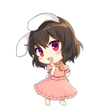 1girl animal_ears bangs black_hair carrot_necklace chibi eyebrows_visible_through_hair floppy_ears full_body hand_on_hip hand_on_own_chin inaba_tewi looking_at_viewer lowres medium_hair open_mouth pink_shirt pink_skirt rabbit_ears red_eyes red_ribbon ribbon ribbon-trimmed_skirt ribbon_trim shirt short_sleeves simple_background skirt smile solo touhou white_background yada_(xxxadaman)