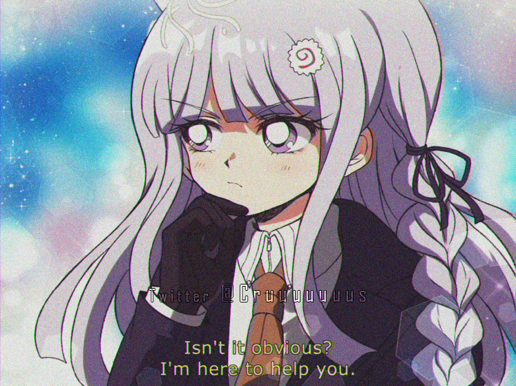 1990s_(style) 1girl bangs black_gloves black_ribbon blush braid brown_neckwear collared_shirt criis-chan dangan_ronpa dangan_ronpa_1 derivative_work english_commentary food food_on_head gloves hair_ornament hair_ribbon hand_up jacket kirigiri_kyouko long_hair looking_to_the_side necktie noodles object_on_head pink_eyes portrait purple_hair purple_jacket ramen ribbon screencap_redraw shirt side_braid single_braid solo subtitled thinking white_shirt