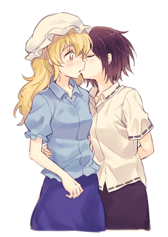 2girls :o arm_behind_back bangs black_skirt blonde_hair blue_shirt blue_skirt blush brown_hair cheek_kiss closed_eyes collared_shirt couple cowboy_shot cropped_legs eyebrows_visible_through_hair frilled_sleeves frills from_side hair_between_eyes hand_on_another's_waist hand_up hat kiss long_hair looking_at_another looking_to_the_side maribel_hearn mob_cap multiple_girls no_hat no_headwear orange_eyes parted_lips puffy_short_sleeves puffy_sleeves re_ghotion ribbon-trimmed_sleeves ribbon_trim shirt short_hair short_sleeves skirt tareme touhou usami_renko wavy_hair white_background white_headwear white_shirt wing_collar yuri