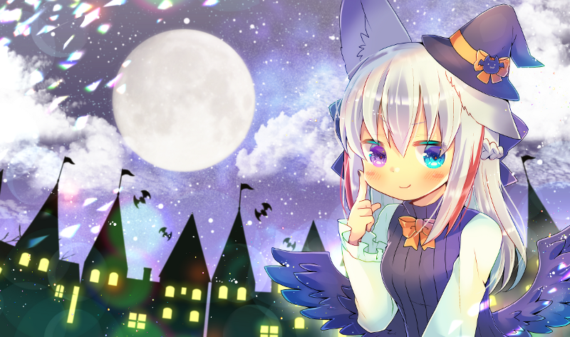 1girl animal animal_ear_fluff animal_ears bangs bat black_dress black_headwear black_wings blue_eyes blush braid breasts building closed_mouth clouds copyright_request dress ear_down eyebrows_visible_through_hair feathered_wings full_moon hair_between_eyes hand_up hat heterochromia index_finger_raised kouu_hiyoyo long_hair long_sleeves looking_at_viewer mini_hat mini_witch_hat moon multicolored_hair night night_sky outdoors redhead shirt silver_hair sky sleeveless sleeveless_dress sleeves_past_wrists small_breasts smile solo streaked_hair tilted_headwear violet_eyes white_shirt wings witch_hat