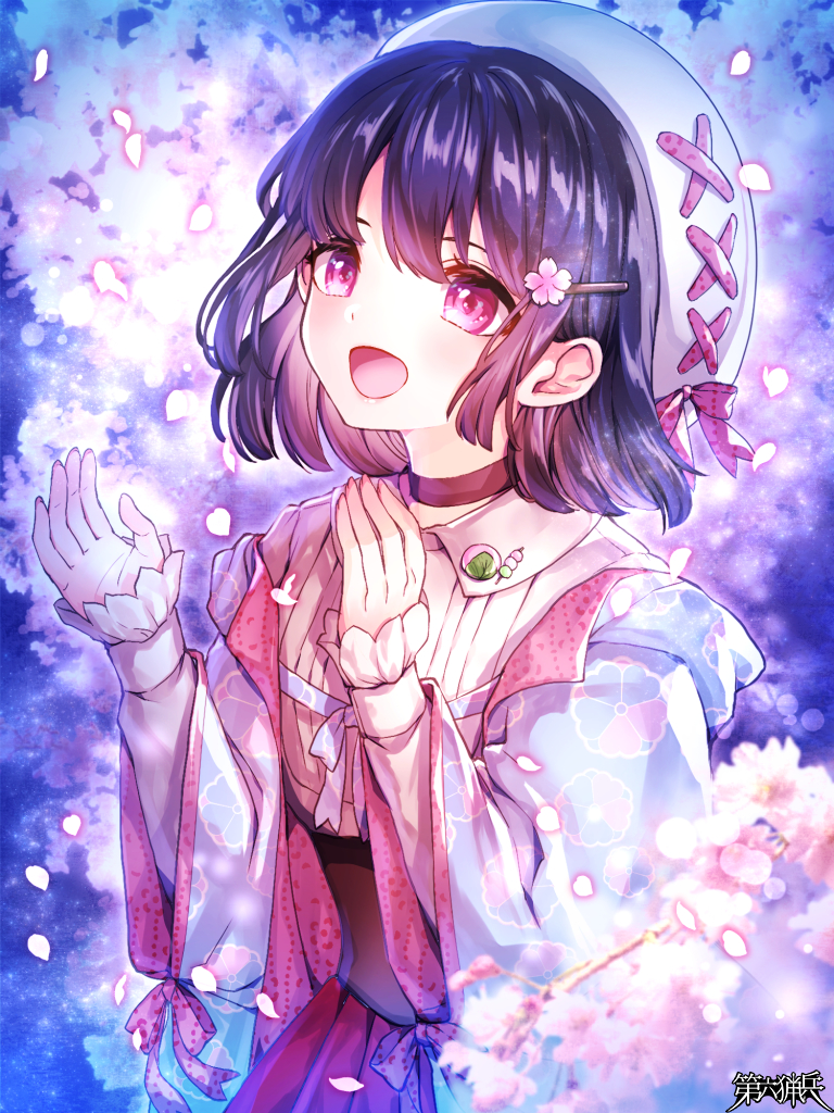 1girl :d black_hair bow choker copyright_name dairoku_youhei day facing_viewer hair_bow hair_ornament hairclip hands_up hi-na1 medium_hair official_art open_mouth outdoors petals pink_bow pink_eyes pink_ribbon ribbon smile upper_body watermark white_headwear wide_sleeves