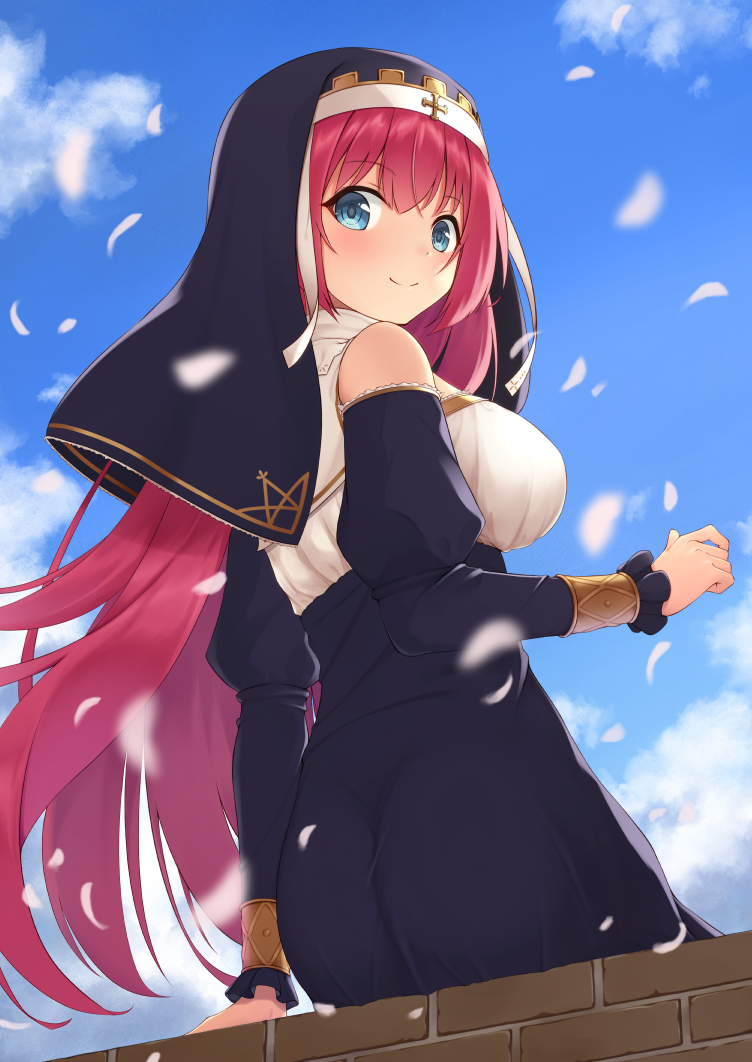 1girl avila_(oshiro_project) bare_shoulders blue_eyes blush breasts detached_sleeves eyebrows_visible_through_hair from_behind large_breasts long_hair looking_at_viewer looking_back midoriyama_soma nun oshiro_project oshiro_project_re redhead sitting smile solo