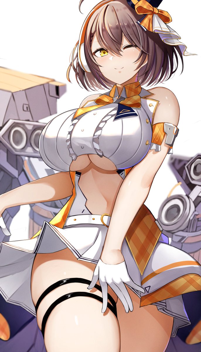 1girl ahoge azur_lane baltimore_(azur_lane) baltimore_(muse)_(azur_lane) bangs bare_shoulders bow braid breasts brown_hair center_opening closed_mouth clothing_cutout eyebrows_visible_through_hair gloves hair_between_eyes hat highres idol large_breasts looking_at_viewer mini_hat navel official_alternate_costume one_eye_closed orange_bow pnatsu short_hair simple_background sleeveless smile solo standing thigh_strap thighs under_boob underboob_cutout white_background white_gloves yellow_eyes