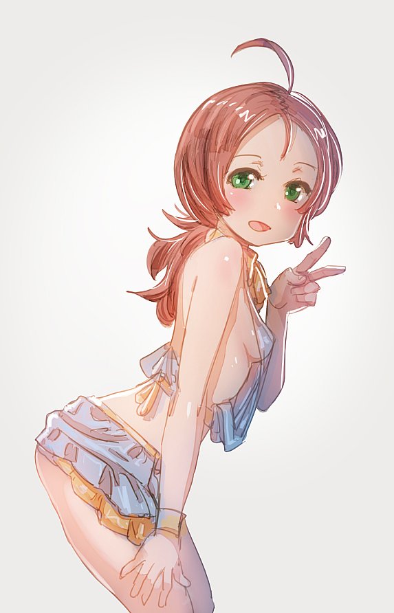 1girl :d ahoge bare_shoulders blue_skirt blush bow_(bhp) breasts brown_hair cowboy_shot from_side green_eyes hand_up leaning_forward long_hair looking_at_viewer open_mouth original sideboob simple_background skirt small_breasts smile solo v white_background