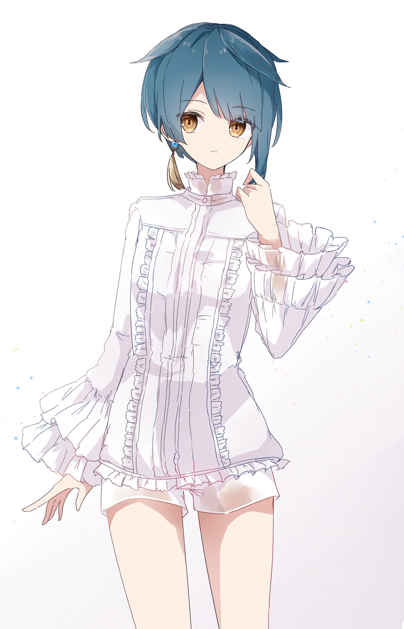 1boy a.a_(aa772) asymmetrical_hair blue_hair earrings eyebrows_visible_through_hair genshin_impact highres jewelry long_sleeves looking_at_viewer male_focus otoko_no_ko shorts simple_background solo tagme white_background white_shorts xingqiu_(genshin_impact) yellow_eyes