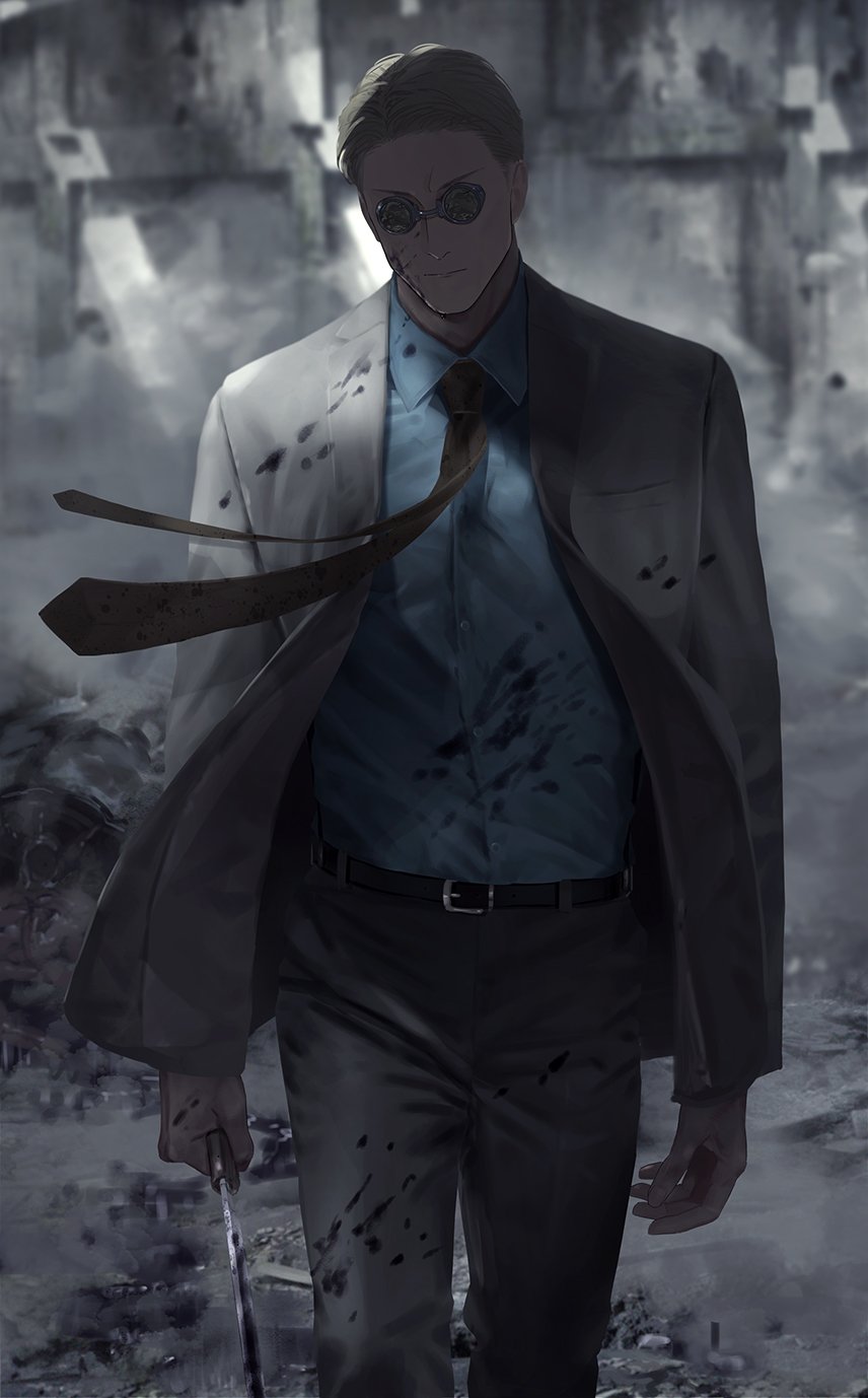 1boy arms_at_sides belt blood blood_on_face blood_splatter bloody_clothes blue_shirt brown_hair brown_neckwear closed_mouth collared_shirt corpse cowboy_shot death decapitation dress_shirt formal grey_jacket grey_pants grey_suit highres holding holding_sword holding_weapon jacket jujutsu_kaisen kuro_(grf) long_sleeves looking_at_viewer male_focus monster nanami_kento necktie pants shirt short_hair solo suit sunglasses sword walking weapon