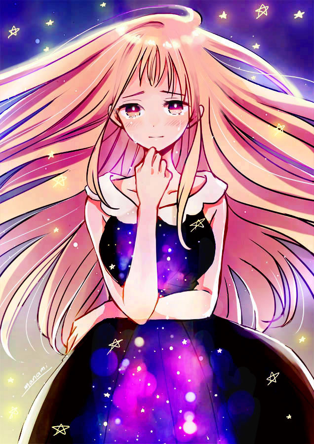 1girl artist_name bangs blush breasts closed_mouth commentary_request crying dress floating_hair glowing gradient gradient_background hand_up long_hair looking_at_viewer medium_breasts multicolored multicolored_clothes multicolored_dress original pink_hair purple_dress signature sketch sleeveless sleeveless_dress solo standing star_(sky) star_(symbol) sugano_manami tears very_long_hair violet_eyes