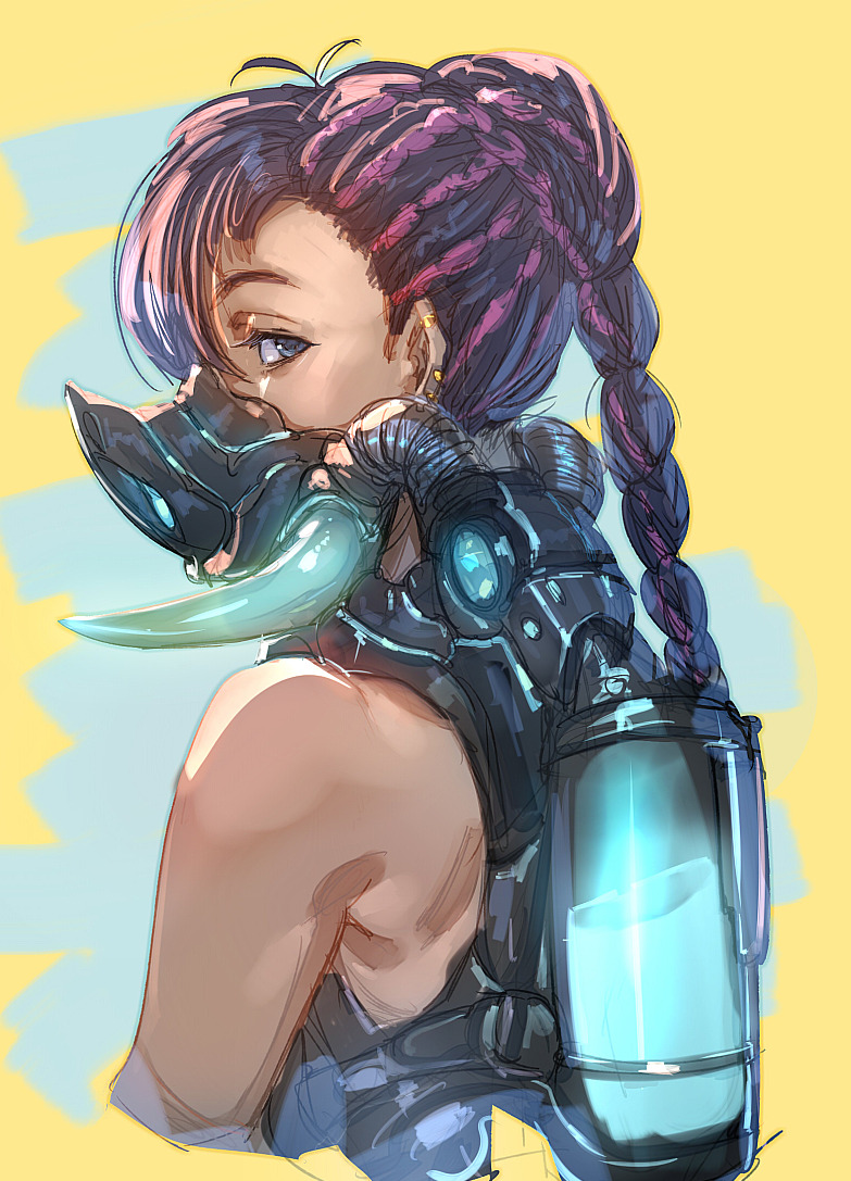 1girl blue_eyes boar_mask bow_(bhp) braid braided_ponytail dark_skin dark-skinned_female ear_piercing earrings from_behind gas_mask jewelry long_hair looking_at_viewer looking_back original oxygen_tank piercing purple_hair sideways_glance solo tusks upper_body