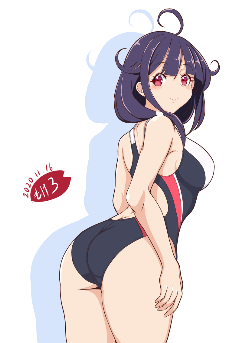 1girl ahoge alternate_costume ass black_swimsuit breasts competition_swimsuit cowboy_shot hair_flaps highleg highleg_swimsuit kantai_collection large_breasts low_twintails moke_ro multicolored multicolored_clothes multicolored_swimsuit one-piece_swimsuit purple_hair red_eyes red_swimsuit solo swimsuit taigei_(kantai_collection) twintails white_swimsuit