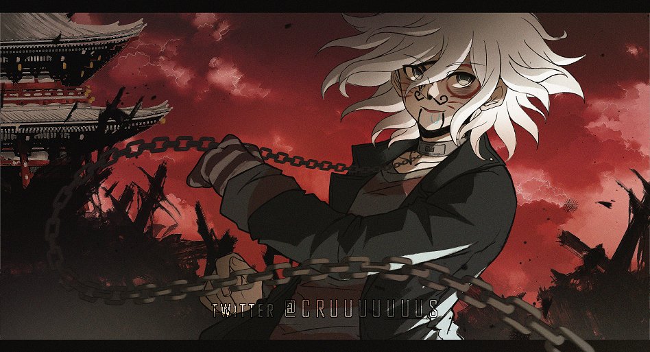 1boy architecture bangs black_gloves black_jacket building chain clouds collar criis-chan dangan_ronpa dangan_ronpa_3 east_asian_architecture fake_beard fake_facial_hair fake_whiskers gloves grey_eyes grey_shirt hair_between_eyes jacket komaeda_nagito letterboxed long_sleeves looking_at_viewer metal_collar outdoors shirt single_glove solo striped striped_gloves symbol_commentary twitter_username upper_body white_gloves white_hair