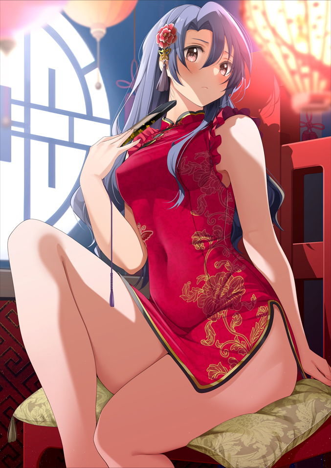 1girl architecture bare_legs blue_hair blurry blush breasts brown_eyes chair china_dress chinese_clothes closed_mouth commentary covered_navel cowboy_shot cushion depth_of_field dress east_asian_architecture fan fed_(giba) flower folding_fan hair_between_eyes hair_flower hair_ornament holding holding_fan idolmaster idolmaster_million_live! idolmaster_million_live!_theater_days lantern long_hair looking_at_viewer medium_breasts red_dress side_slit sitting sleeveless sleeveless_dress solo takayama_sayoko tassel thighs