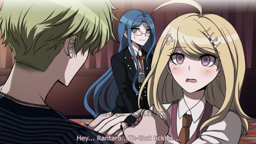 1boy 2girls ahoge akamatsu_kaede amami_rantarou bangs black_jacket blonde_hair blue_hair blush commentary criis-chan dangan_ronpa ear_piercing fake_screenshot glasses green_hair hair_ornament holding holding_ring jacket jewelry long_hair long_sleeves looking_at_another multiple_girls musical_note musical_note_hair_ornament necklace necktie new_dangan_ronpa_v3 open_mouth piercing pink_vest red_ribbon ribbon ring school_uniform shirogane_tsumugi shirt shirt_tucked_in short_hair skirt striped striped_shirt subtitled twitter_username vest violet_eyes white_shirt