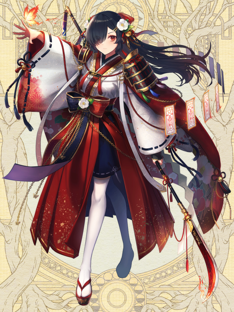 1girl armor artist_request bell black_hair bow bug butterfly dairoku_youhei flower hair_flower hair_ornament hair_over_one_eye hairclip hand_up holding holding_weapon horai_mio insect japanese_armor japanese_clothes jingle_bell long_hair naginata orange_butterfly polearm red_eyes ribbon-trimmed_sleeves ribbon_trim sandals simple_background solo standing talisman weapon white_legwear wide_sleeves yellow_background